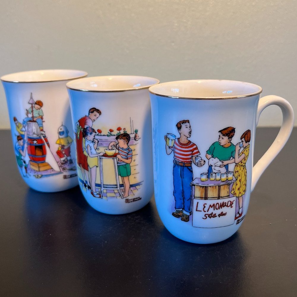 Set of 3 Vintage NORMAN ROCKWELL "Good Old Days"  Collection  Mugs ~ Cups